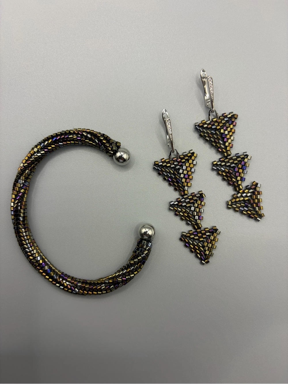 Seed Bead Triangular Drop Earrings and Cuff Bracelet Set in Iridescent Black